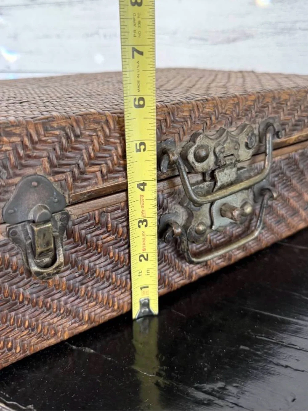 Vintage Asian Woven Rattan & Wood Storage Trunk Chest with brass hardware
